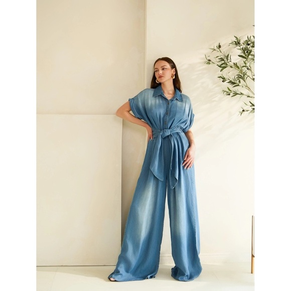 Denim Short Sleeve Button Down Wrap Waist Wide Leg Jumpsuit - Picture 2 of 5